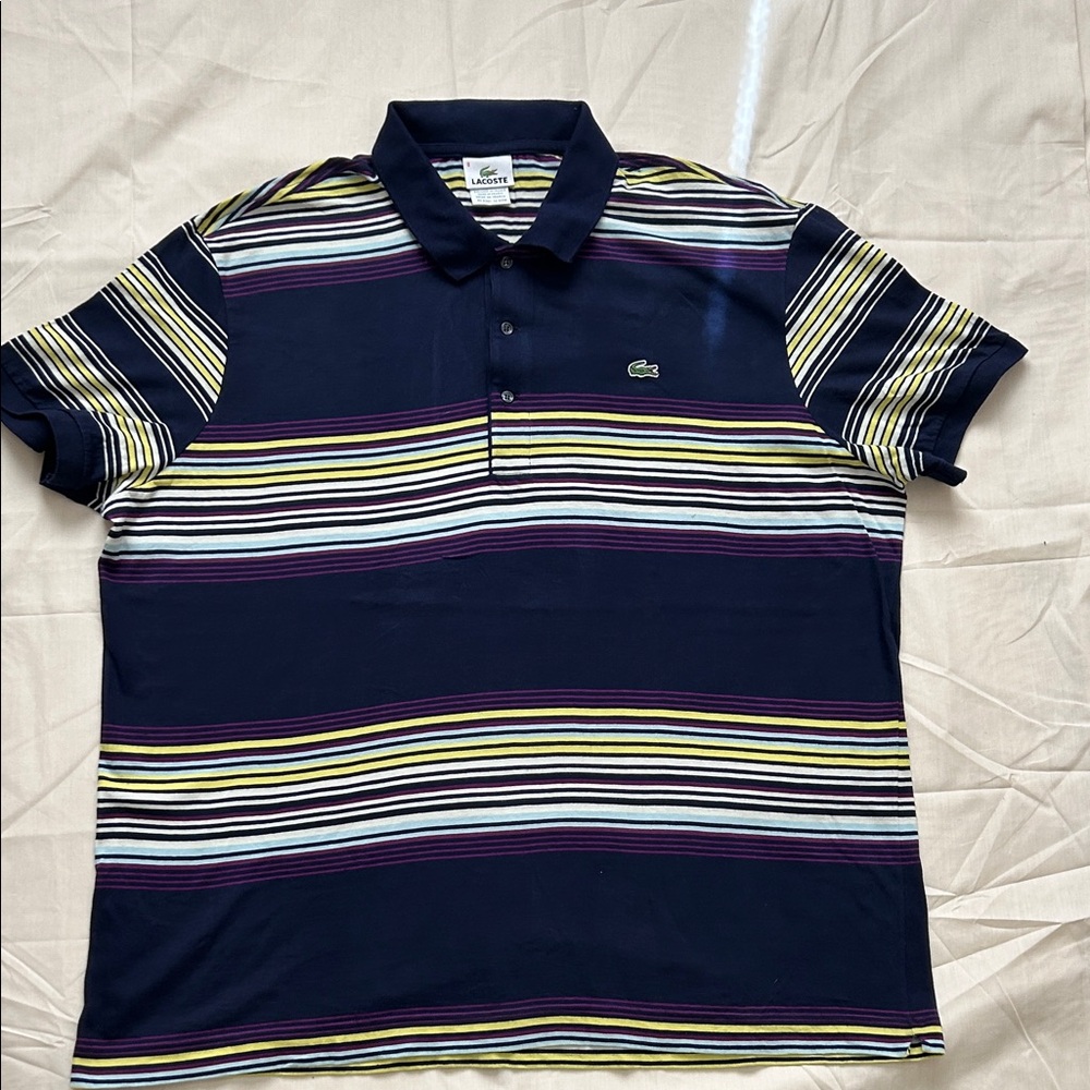 Lacoste Navy Polo with Yellow, White & Purple Stripes